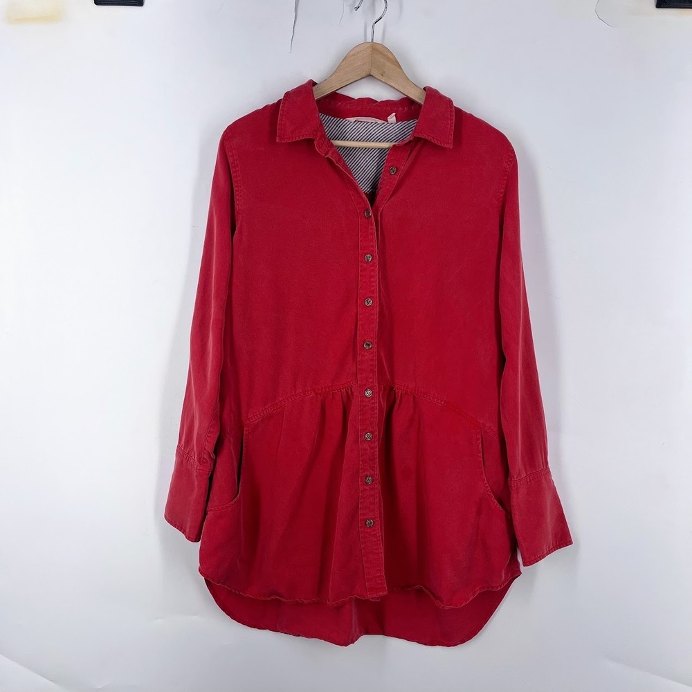 Soft Surroundings Red Tencel Lyocell Button Down Tunic Shirt Pockets Womens L